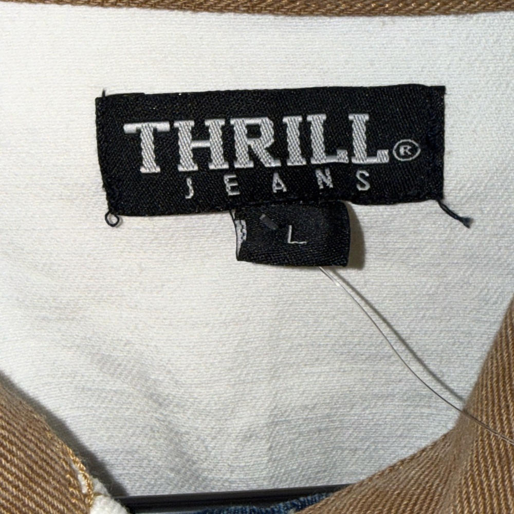Thrill Jeans Cropped Patchwork Denim Jacket Color Block Strap Pocket Y2K Size L - Picture 2 of 8